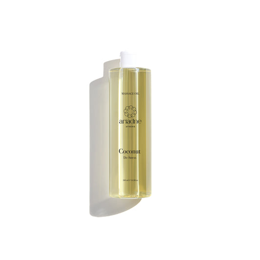 Coconut De-Stress Body Oil bottle front side.
