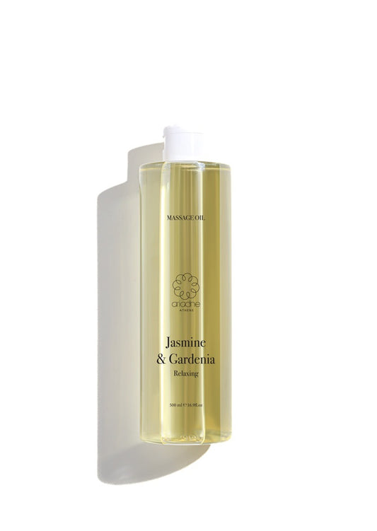 Jasmine & Gardenia Relaxing Body Oil bottle front side.